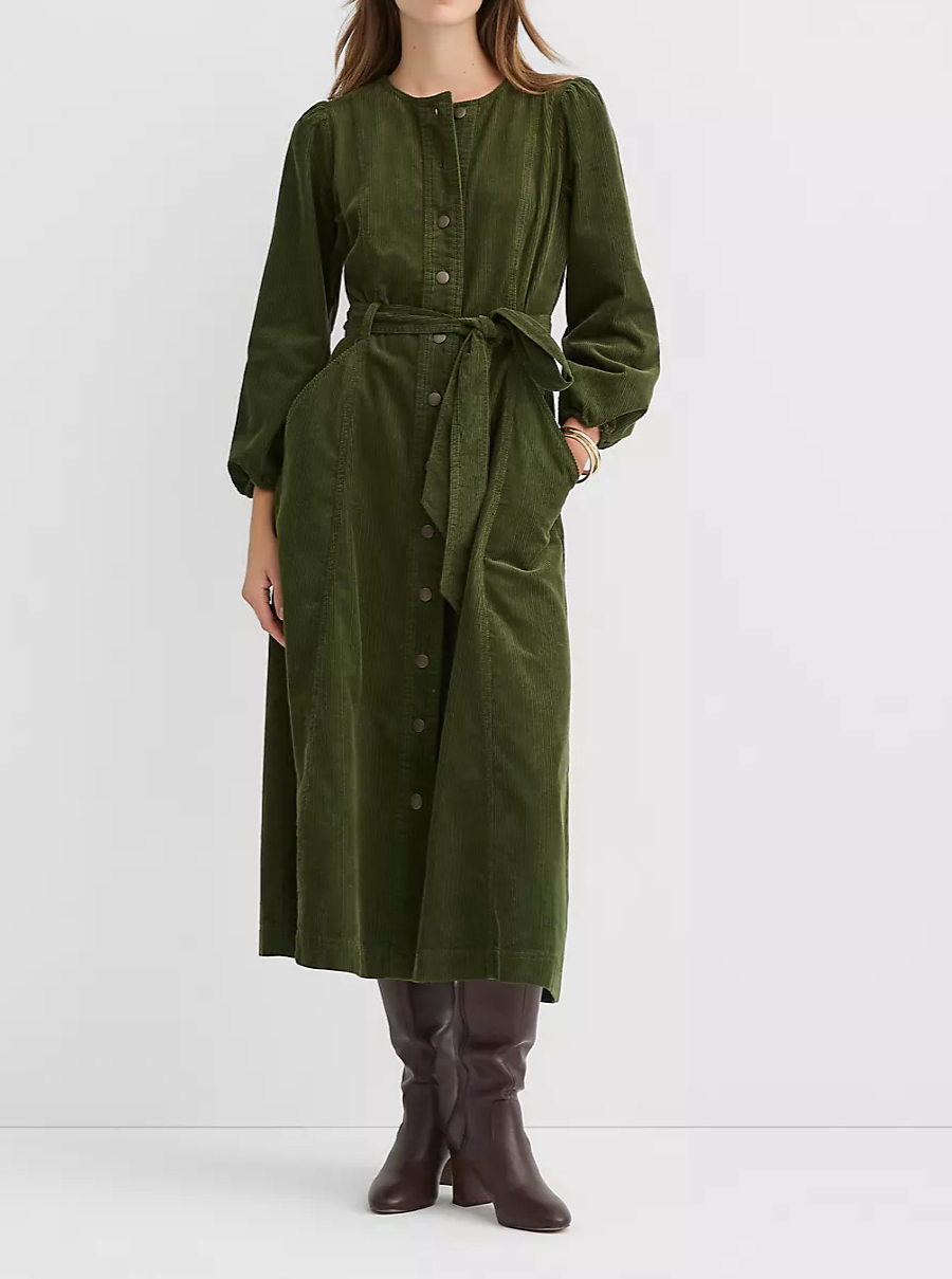 Corduroy Seamed Belted Midi Pocket Dress