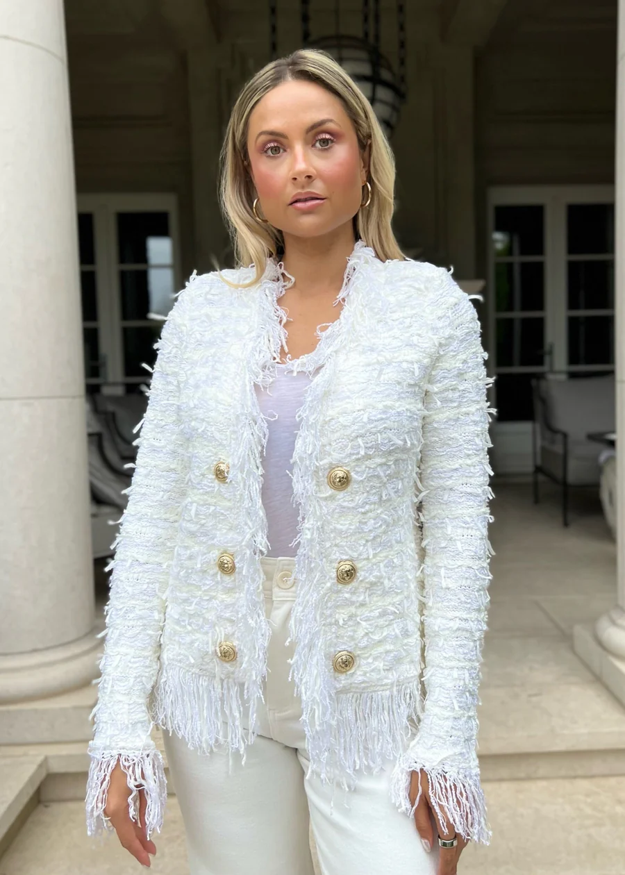 Open Front Fringe Jacket - White