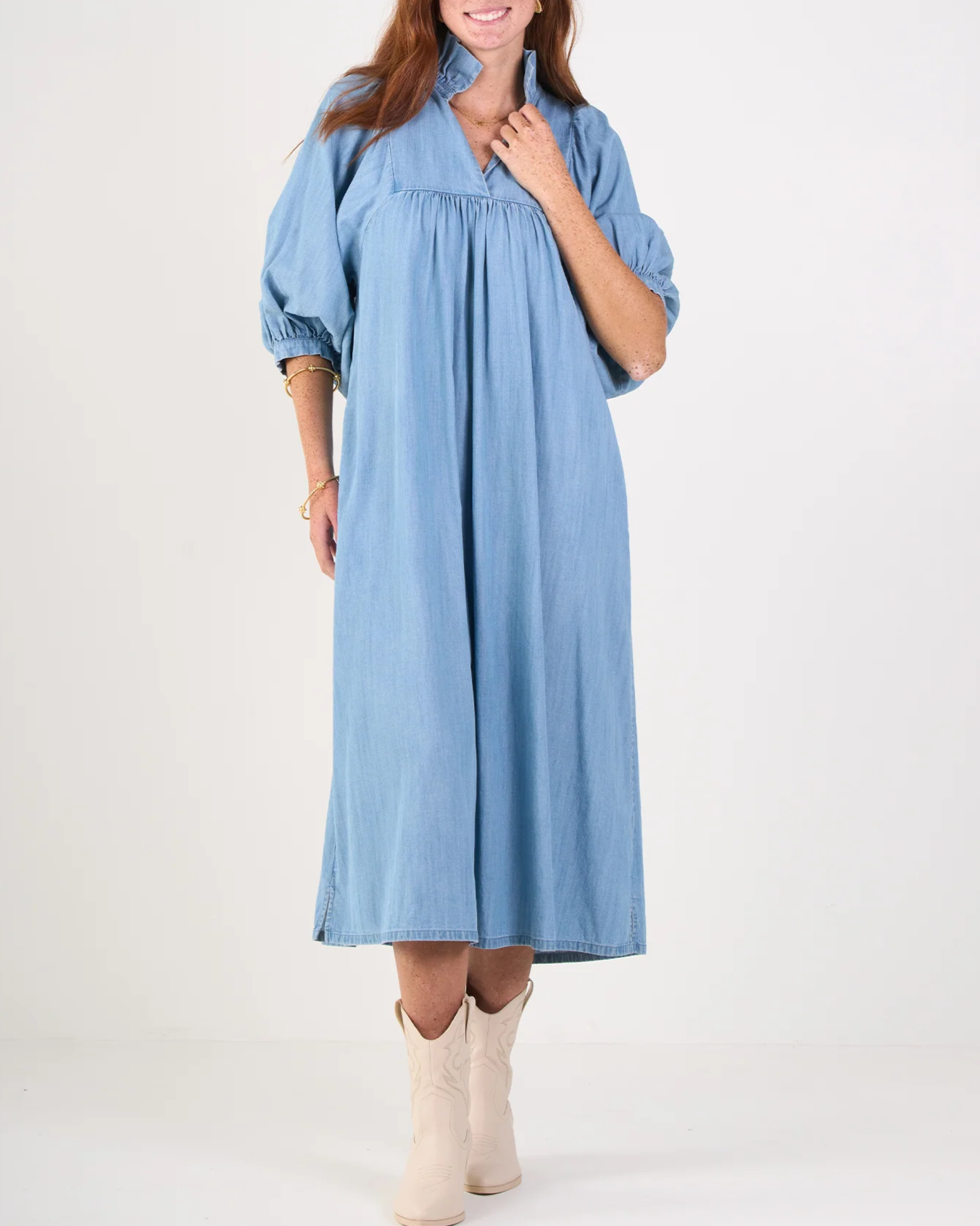 Ruffled Stand Collar Puff Sleeve Dress
