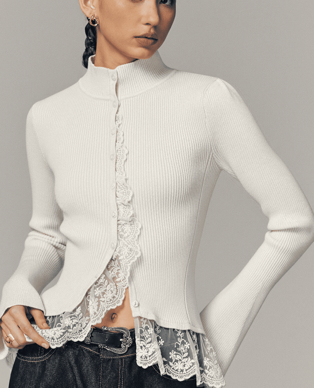 Ribbed Mock Neck Lace Trim Cardigan