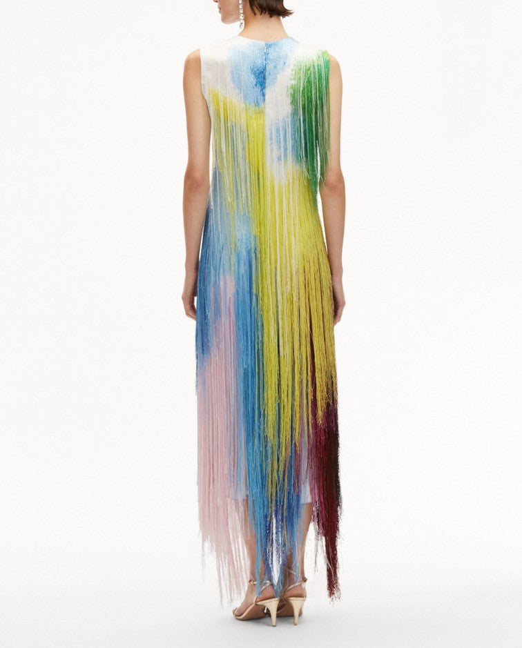 Abstract Watercolor Fringe Cocktail Dress