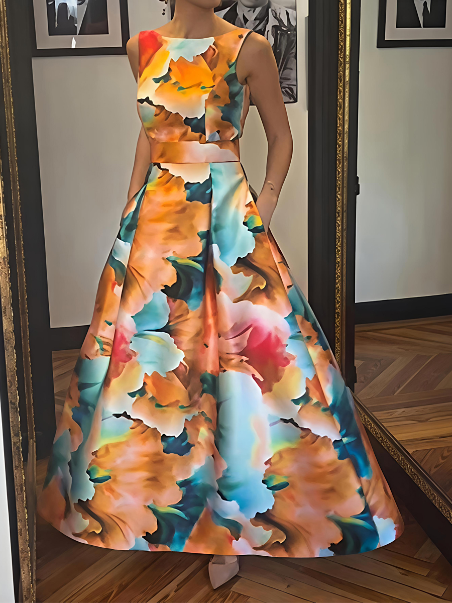 Floral Print Sleeveless Backless Dress