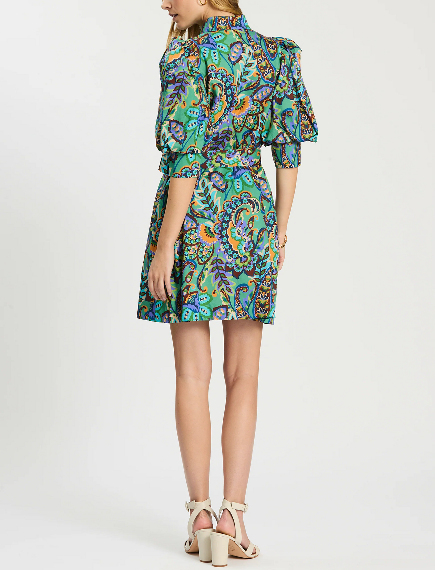 Puff-sleeve printed lace-up dress