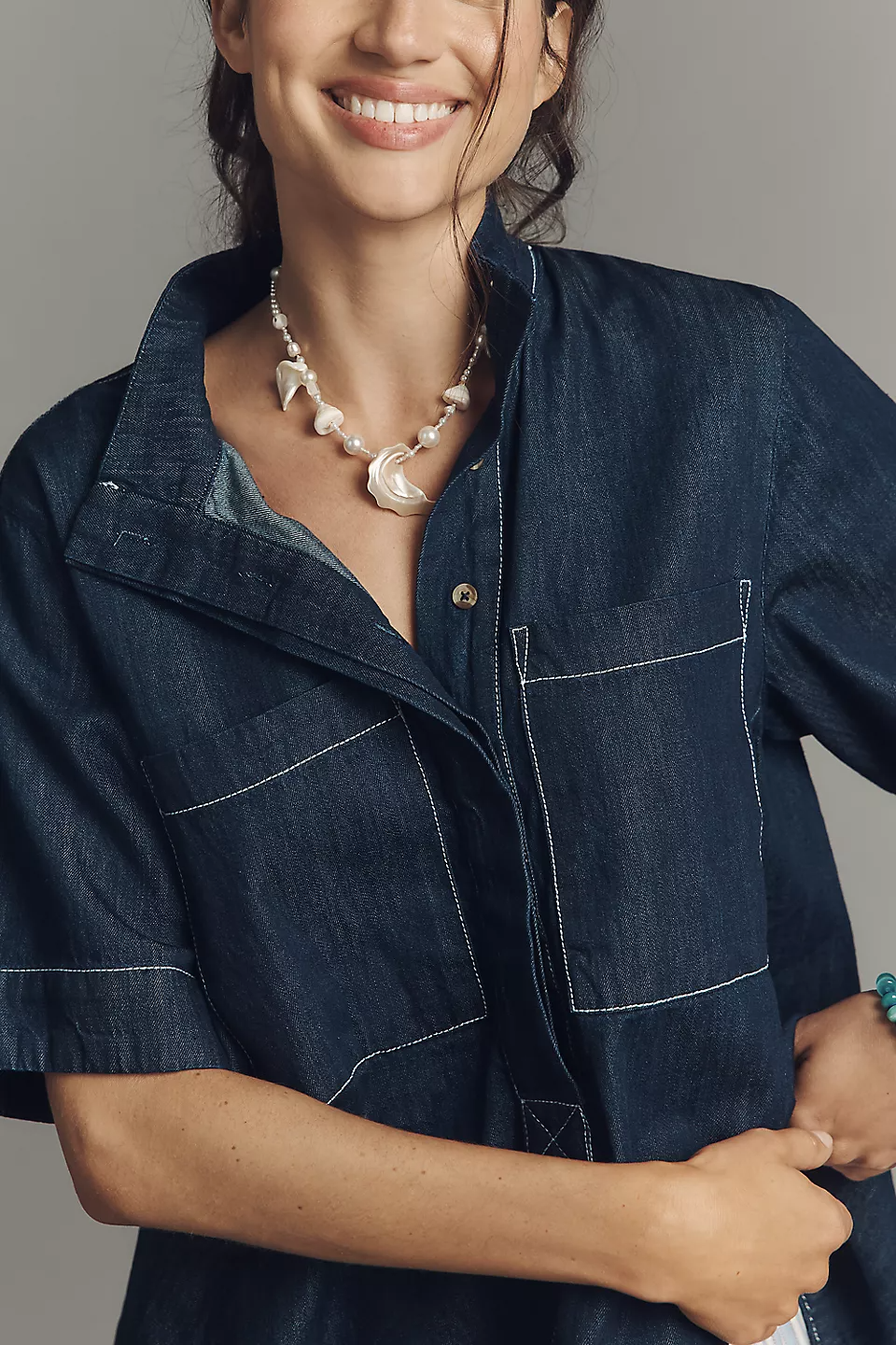 Short-Sleeve Henley Blouse
