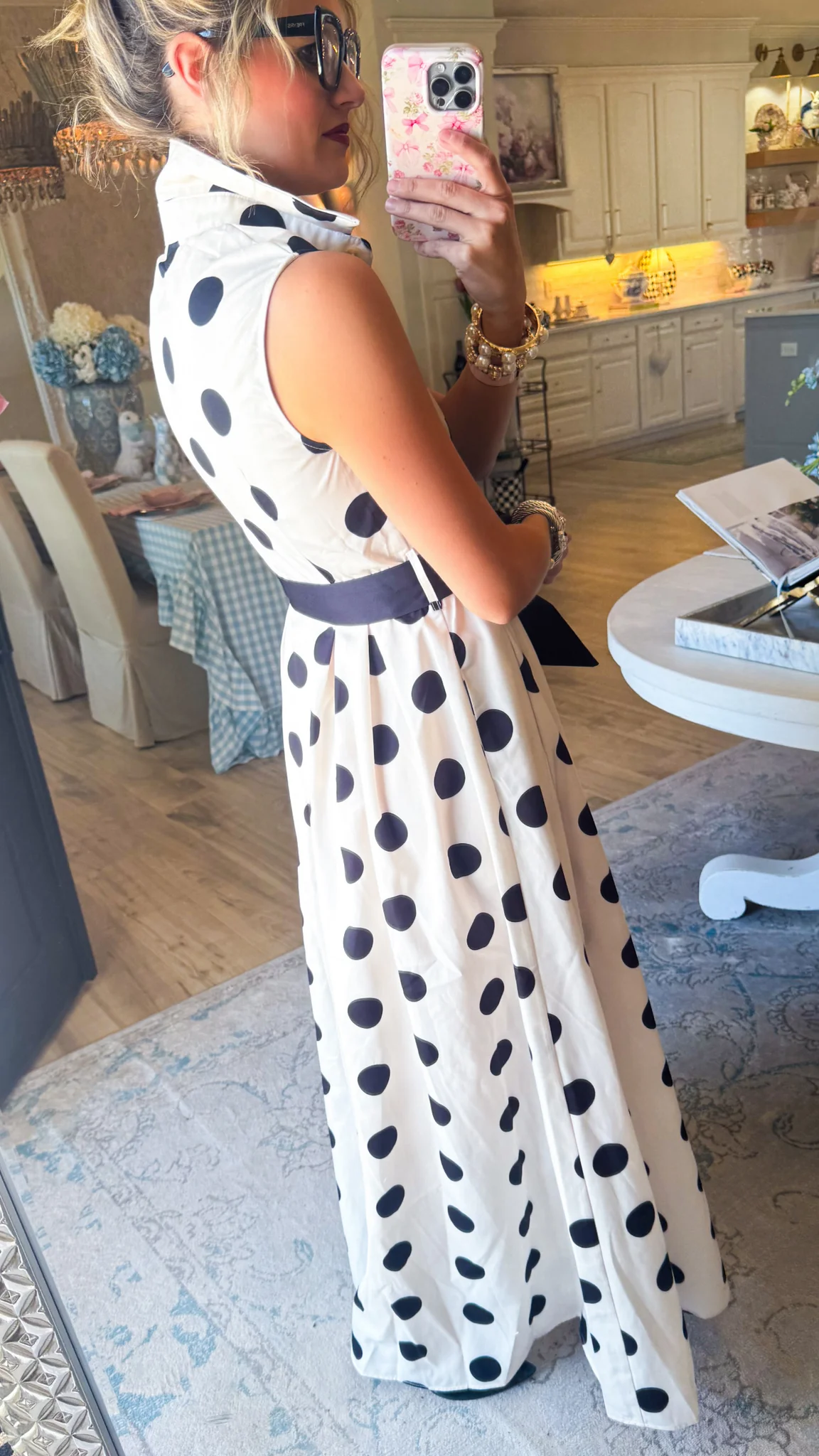 White and Black Polka Dot Belted Shirt Dress