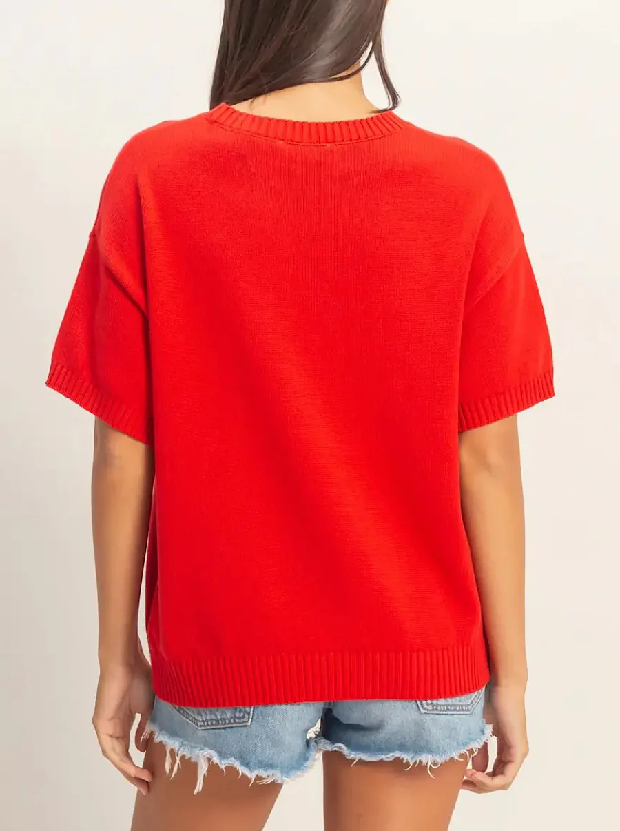 Red American Flag Short Sleeve Sweater