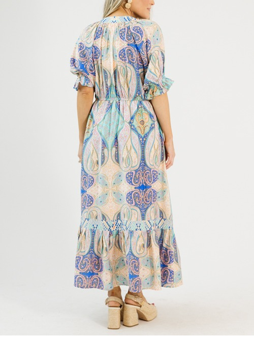 Multicolored Printed Puffed Sleeves Maxi Dress