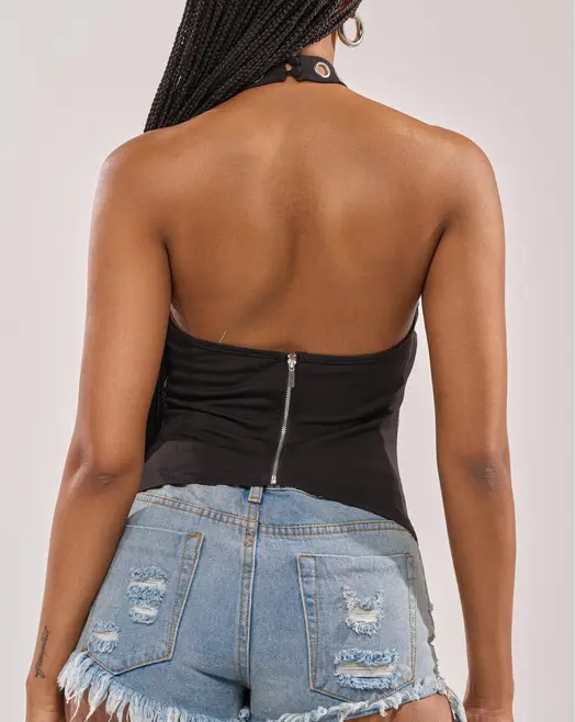 Denim Circle-Neck Fringe Top