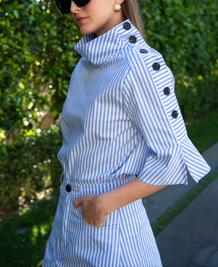Striped Button Blouse+Asymmetrical Hem Striped Midi Skirt