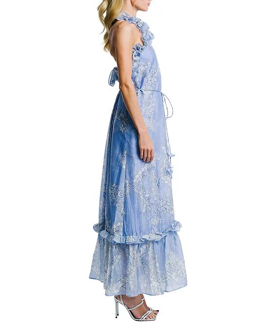 Printed Voile Ruffle Halter Neck Sleeveless Dress