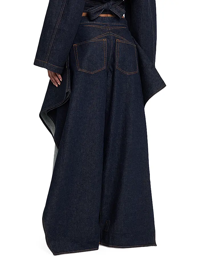 Long-Sleeve Denim Crop Wrap Top+Flap Ruffled Wide-Leg Jeans