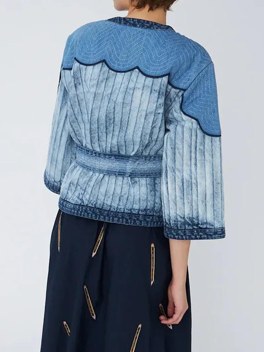 Washed Denim 3/4-length Sleeves Belted Jacket