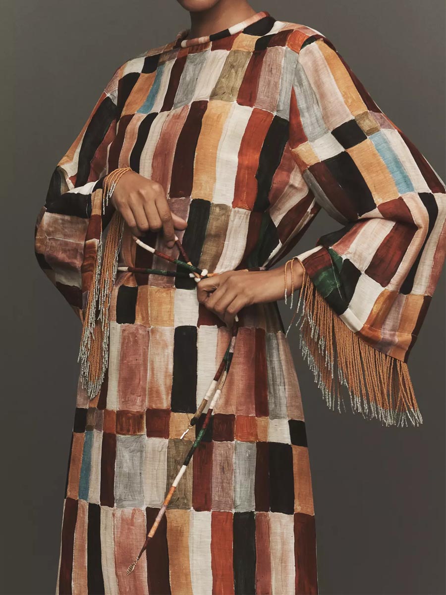 Tassel-Trim Cuff Printed Maxi Dress