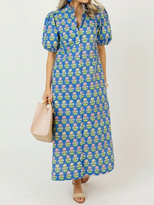 Floral Print Ruffled Neck Short Puff Sleeves Maxi Dress