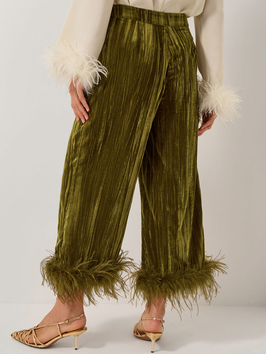 Feather Cuff Velvet Two Piecees Set