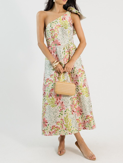 Rosey Glow Jacquard One Shoulder Midi Dress