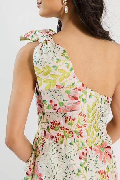 Rosey Glow Jacquard One Shoulder Midi Dress
