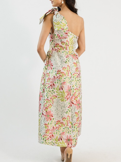 Rosey Glow Jacquard One Shoulder Midi Dress