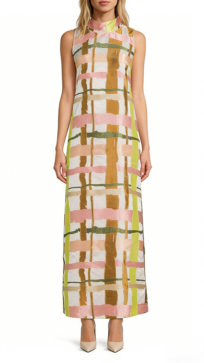 Print Mock Neck Sleeveless Shift Maxi Dress