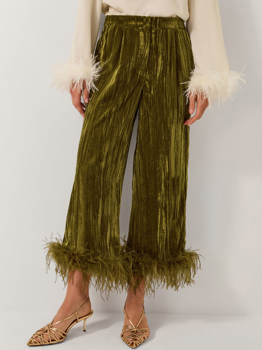 Feather Cuff Velvet Two Piecees Set