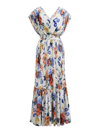 Fashion V-Neck Printed Elastic Waist Pleated Vacation Dress