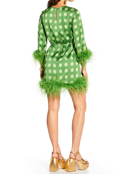 Printed Satin Polka Dot Feather Mini Dress