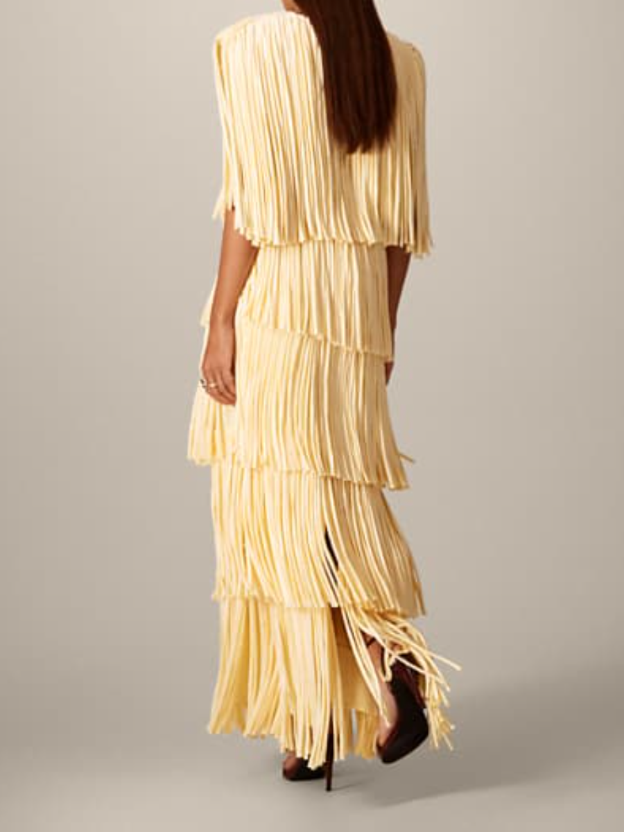 Cream Yellow Tassel Layered Dress Set