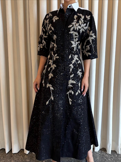 Sequin Shirt Collar Midi Dress