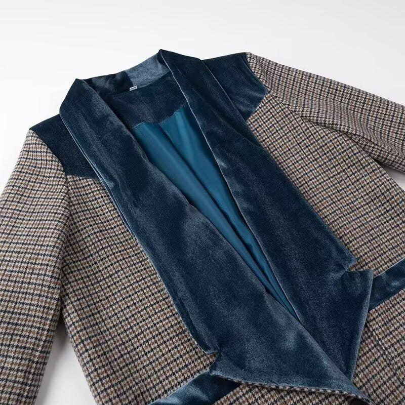 Color-blocked plaid woolen long coat