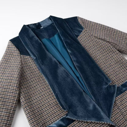 Color-blocked plaid woolen long coat