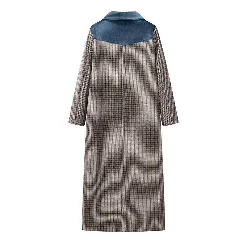 Color-blocked plaid woolen long coat