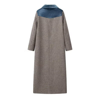 Color-blocked plaid woolen long coat