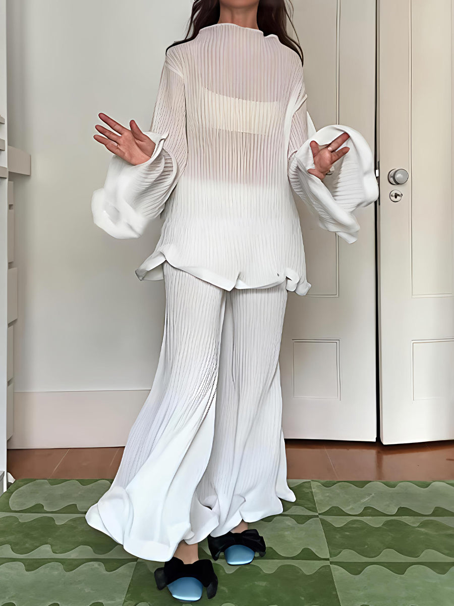 Elegant Pleated Flared Tirm Two Pieces Set