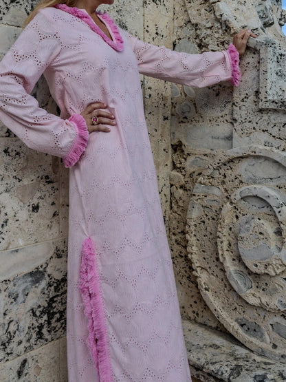 Fringed Trim Eyelet Detailing Silt Hem Maxi Dress