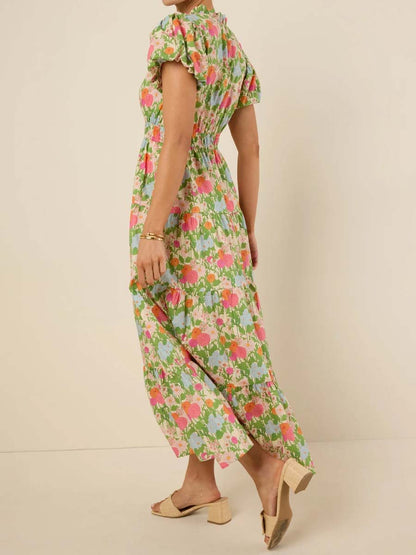Floral Print Band Collar V-neck Elastic Waist Dress