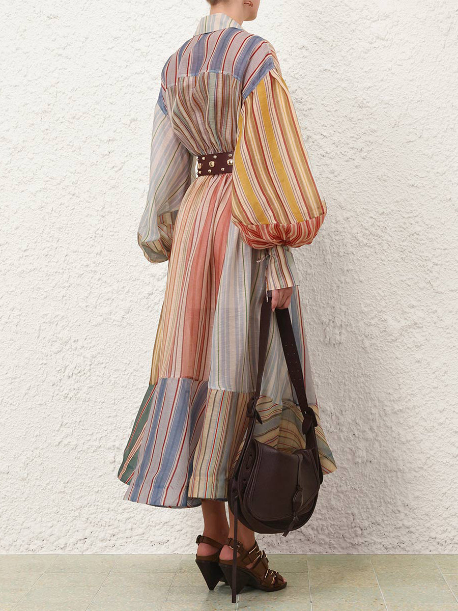 Fashion Striped Print Puff Sleeves Wrapped Maxi Dress