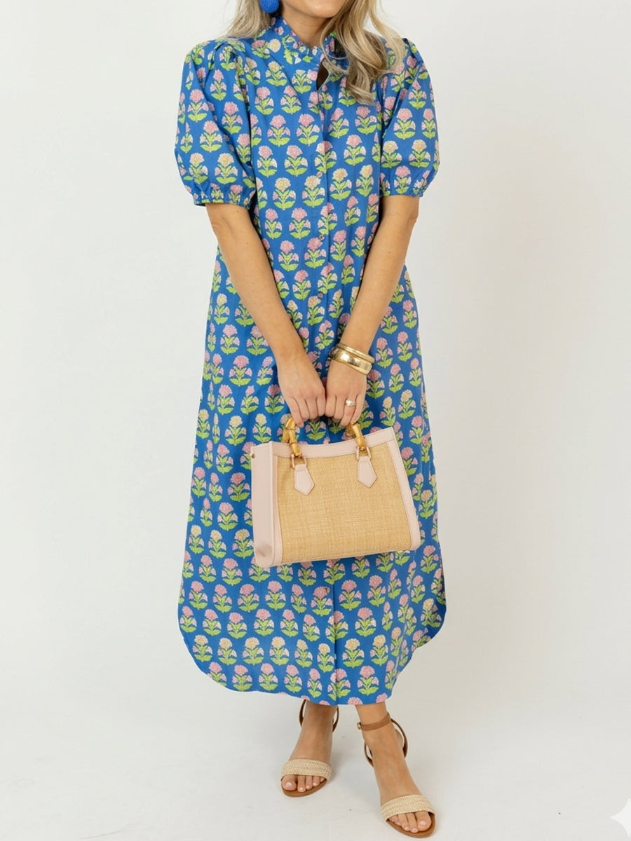 Floral Print Ruffled Neck Short Puff Sleeves Maxi Dress
