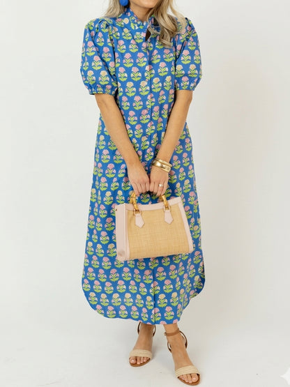 Floral Print Ruffled Neck Short Puff Sleeves Maxi Dress