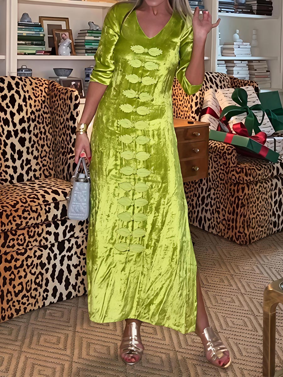 Embroidered V Neck Elegant Velvet Dress