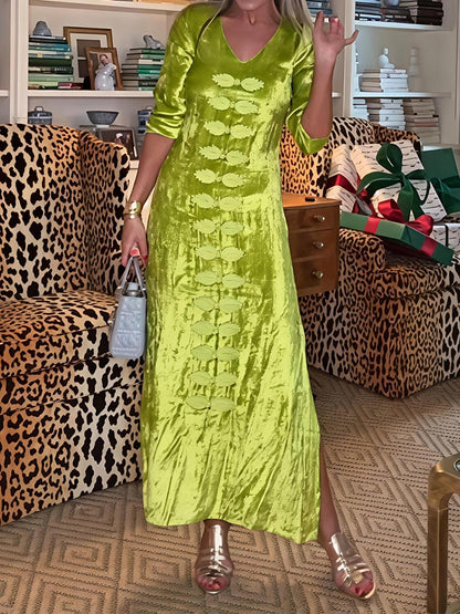 Embroidered V Neck Elegant Velvet Dress
