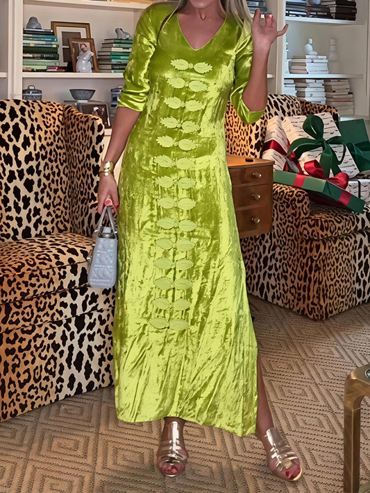 Embroidered V Neck Elegant Velvet Dress