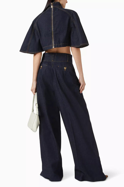 Denim Cape-Style Top & Straight-Leg Pants Set