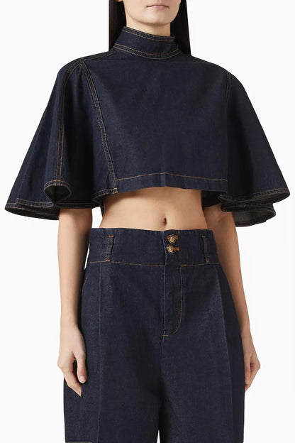 Denim Cape-Style Top & Straight-Leg Pants Set