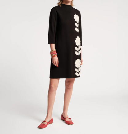 Floral Knit High Neck Seven Sleeve Dress