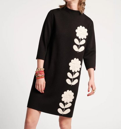 Floral Knit High Neck Seven Sleeve Dress