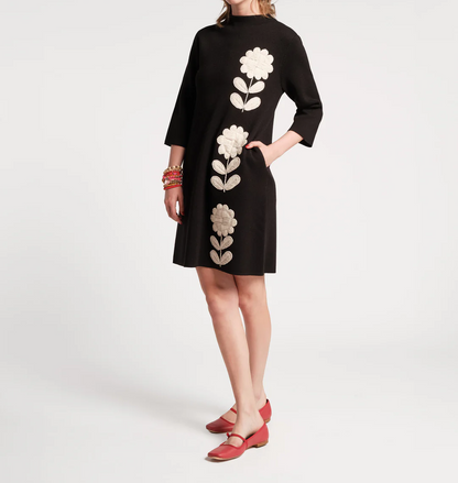 Floral Knit High Neck Seven Sleeve Dress