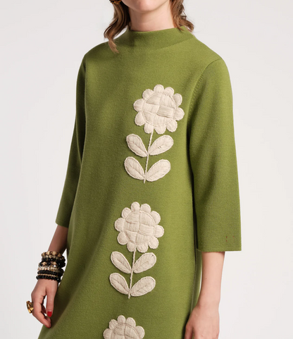 Floral Knit High Neck Seven Sleeve Dress