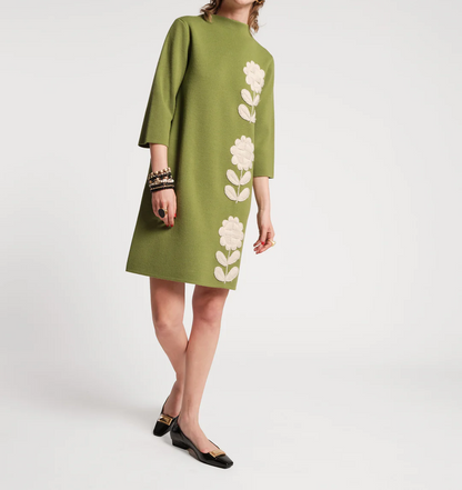 Floral Knit High Neck Seven Sleeve Dress