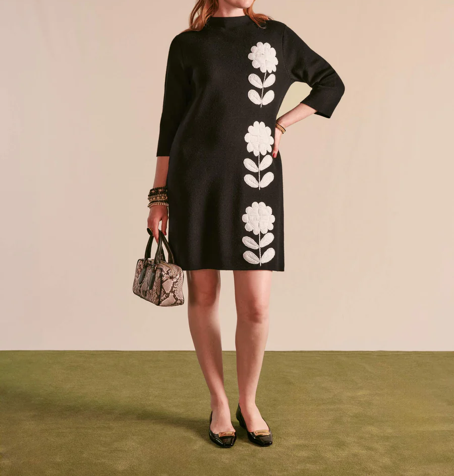 Floral Knit High Neck Seven Sleeve Dress