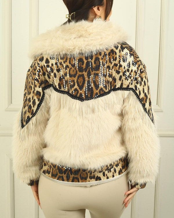 White Leopard Print Fur Coat